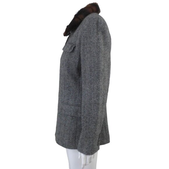 Vintage Ralph Lauren LRL Black Tweed Silk Wool Faux Fur Collar Zip Jacket sz 8 - Picture 4 of 10